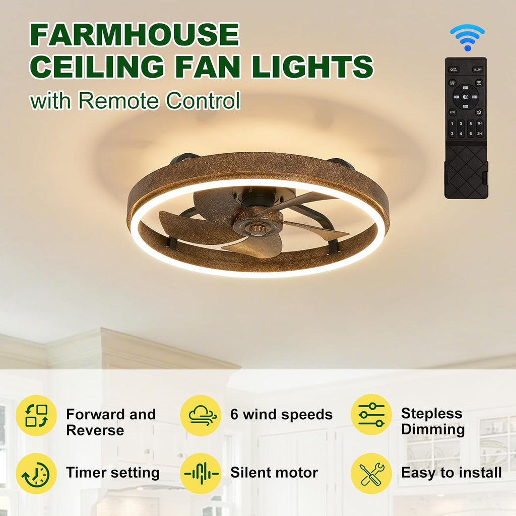 20 Inch Low Profile Farmhouse Ceiling Fan with Dimmable LED & Remote | Rustic Wood Fandelier, Vintage Flush Mount Ceiling Fan, Smart Remote & APP Control, Dimmable LED, 6 Speed, Reversible Blades