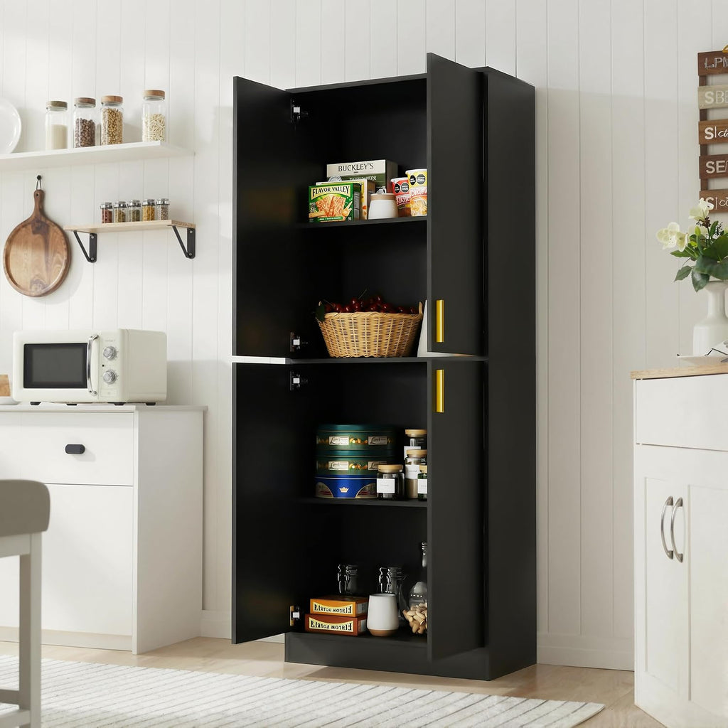 Cozy Castle Kitchen Pantry Cabinet, 71' Tall Wood Storage Cabinet with Doors and Shelves 4 Doors Freestanding Cupboard for Dining Room Living Room Furniture, Black | Wood Storage Cabinet