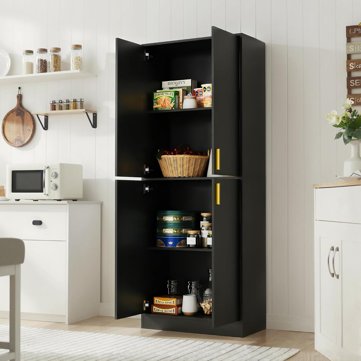 Cozy Castle Kitchen Pantry Cabinet, 71' Tall Wood Storage Cabinet with Doors and Shelves 4 Doors Freestanding Cupboard for Dining Room Living Room Furniture, Black | Wood Storage Cabinet