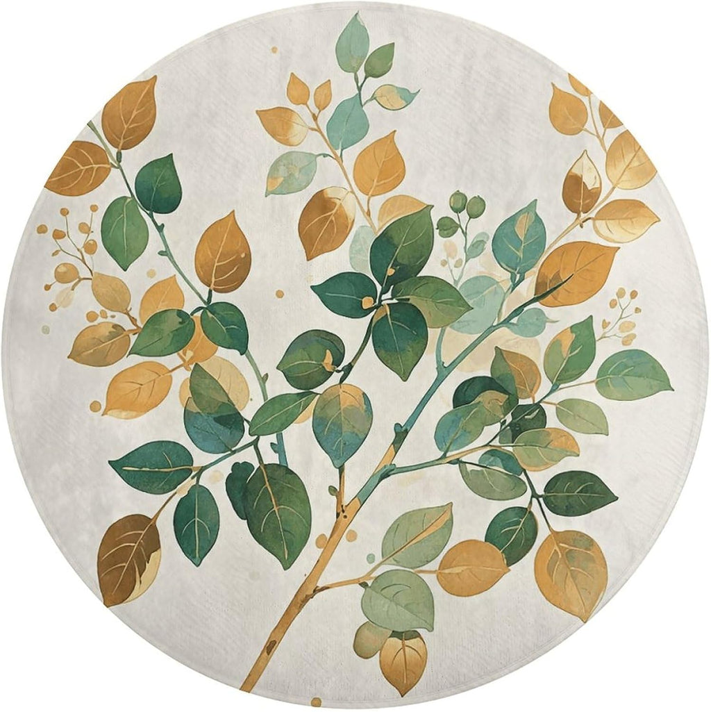 Watercolor Golden Green Plant Branches Coral Velvet Round Floor Mat Non-Slip Bath Rug Floor Covering for Bathroom Vanity Guest Suite & Vacation Home