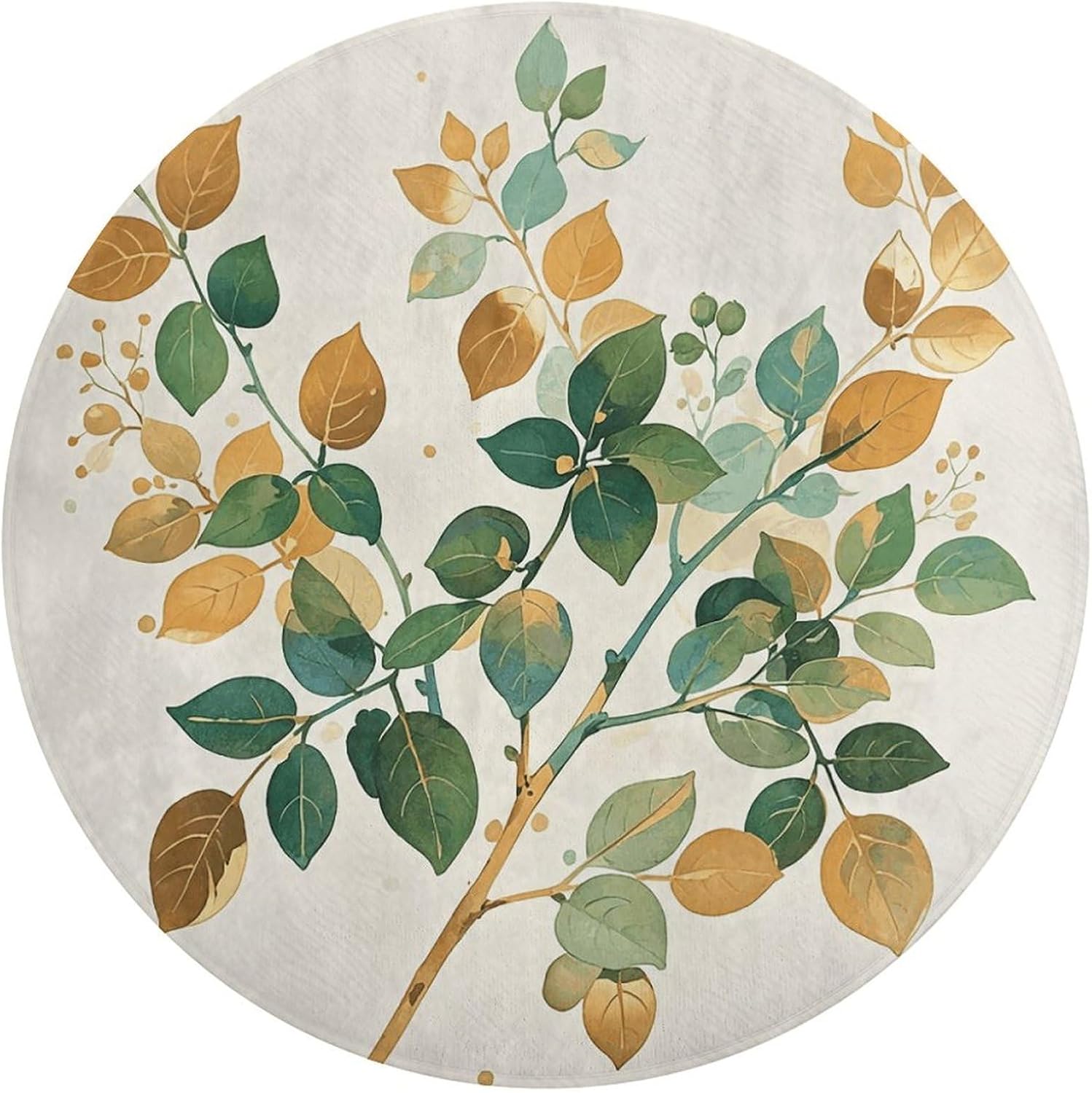 Watercolor Golden Green Plant Branches Coral Velvet Round Floor Mat Non-Slip Bath Rug Floor Covering for Bathroom Vanity Guest Suite & Vacation Home
