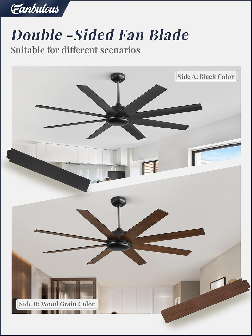 Fanbulous 62 Inch Large Ceiling Fan no Light, Ceiling Fan Black with Remote, 6-Speeds, Quiet Reversible DC Motor, 8 Blades, Indoor/Outdoor Modern Ceiling Fans for Living Room, Garage, Patio