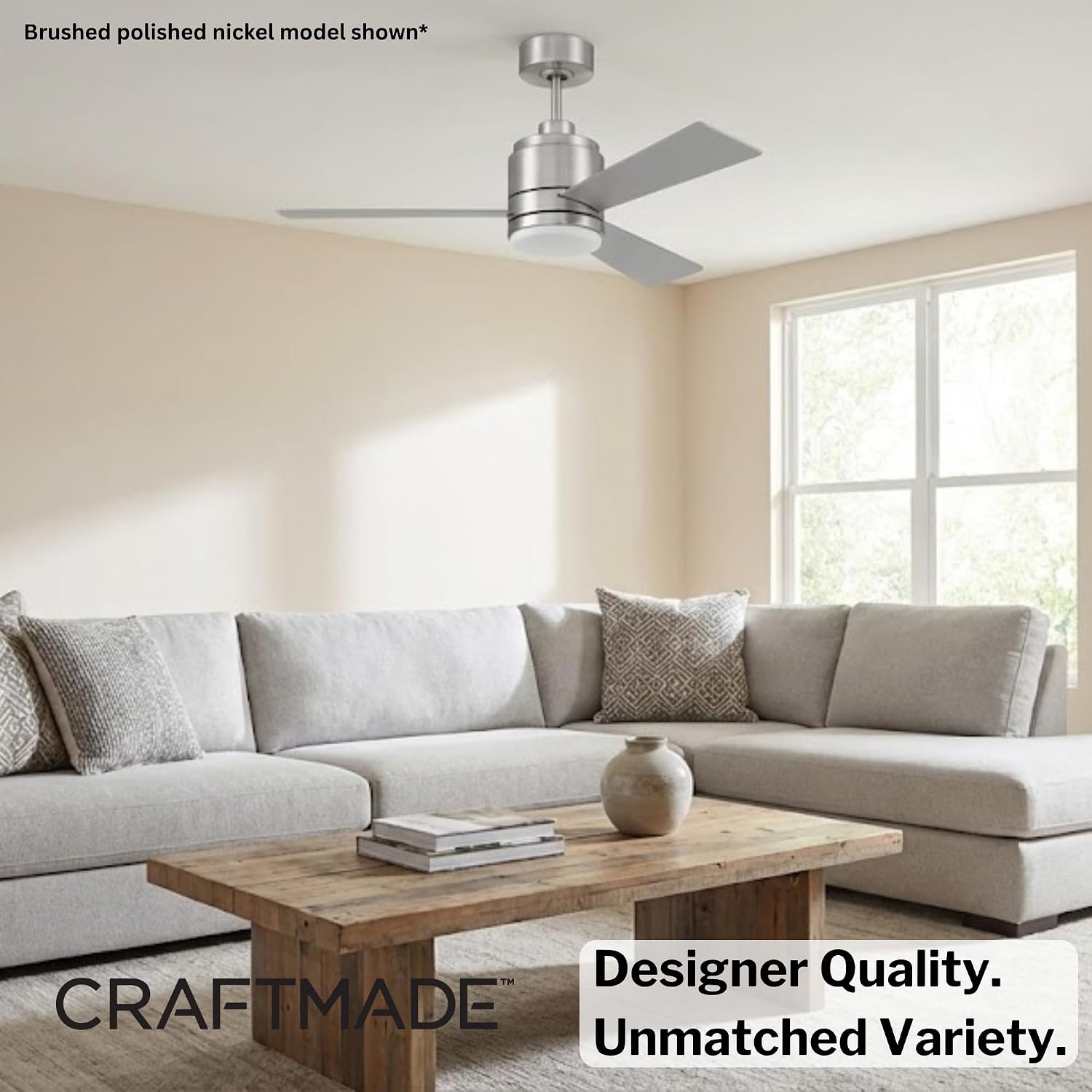 Craftmade MCY42W3 McCoy 42 Inch 3 Blade Ceiling Fan | Integrated LED Light Kit | 1013 Lumens 18 Watt | 3 x White Blades | Includes CM-7W-LED Wall Control | Indoor Rated | White Finish