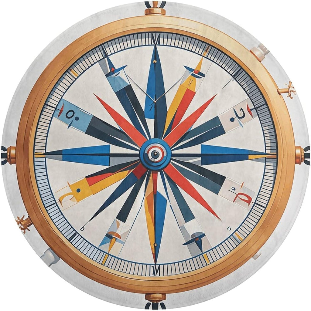 Maritime Sailboat Compass Coral Velvet Round Floor Mat Non-Slip Bath Rug Floor Covering for Bathroom Vanity Guest Suite & Vacation Home