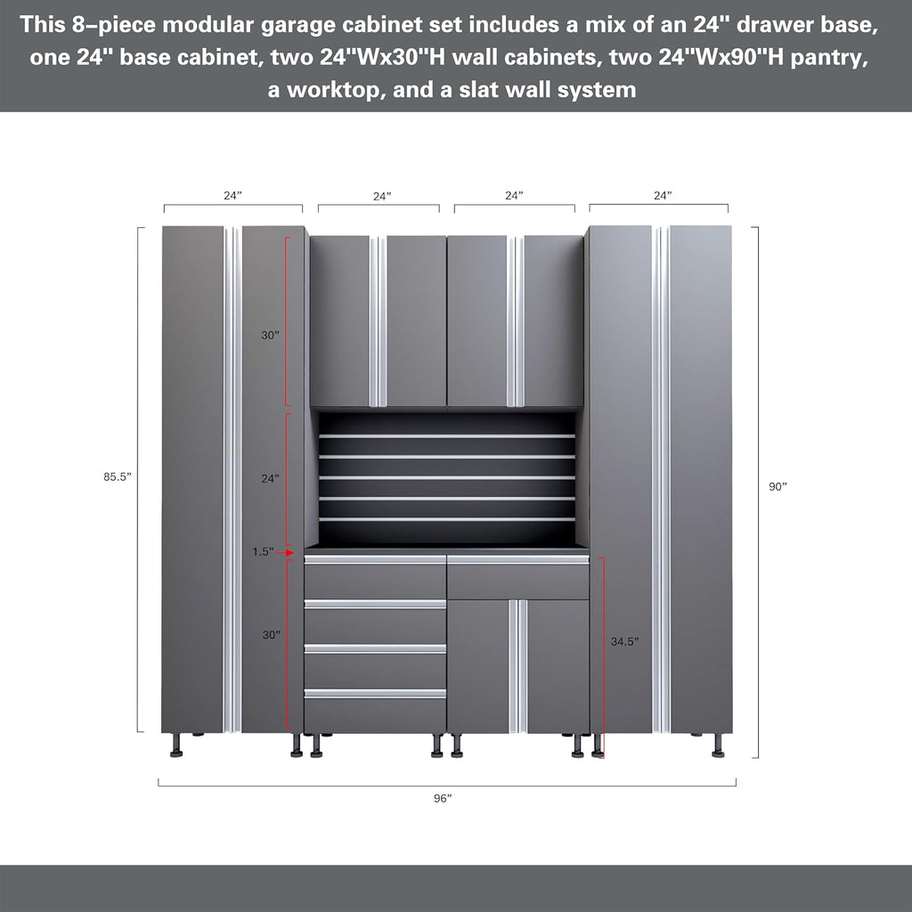 Premium Garage Cabinets 7' Storage Sets Solution with Adjustable Legs, Soft-Close Drawer & Door, Integrated Handles, Heavy Duty Plywood Box Construction, Tool and Equipment Organizer (Combo 7CS-012B)