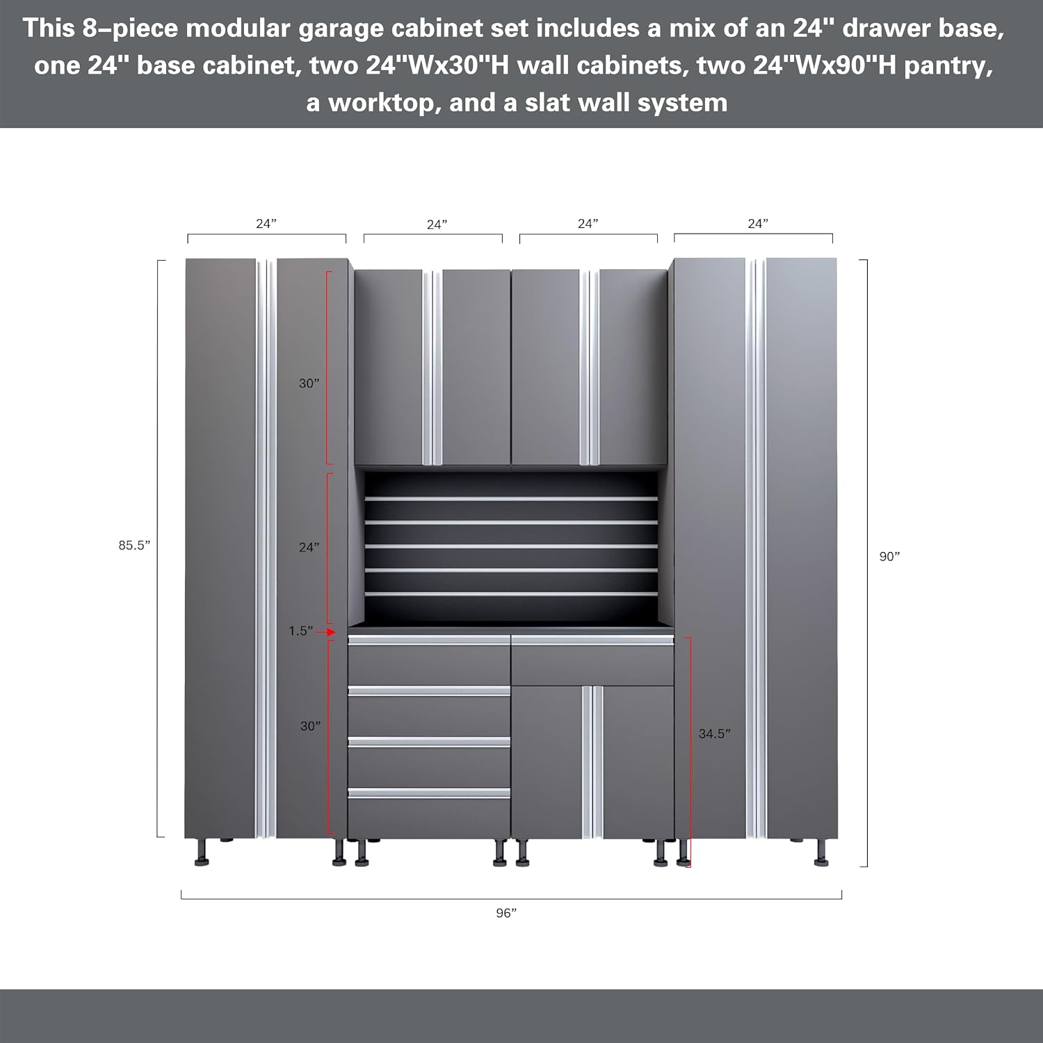 Premium Garage Cabinets 7' Storage Sets Solution with Adjustable Legs, Soft-Close Drawer & Door, Integrated Handles, Heavy Duty Plywood Box Construction, Tool and Equipment Organizer (Combo 7CS-012B)