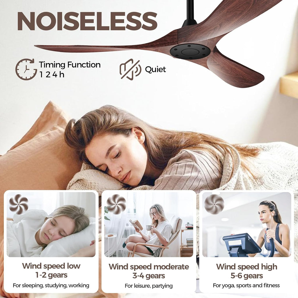 Obabala 52 Inch Ceiling Fan Without Lights, Walnut Finish | Outdoor Ceiling Fan with Remote, 6-Speed Adjustable Reversible DC Motor for Patio & Living Room