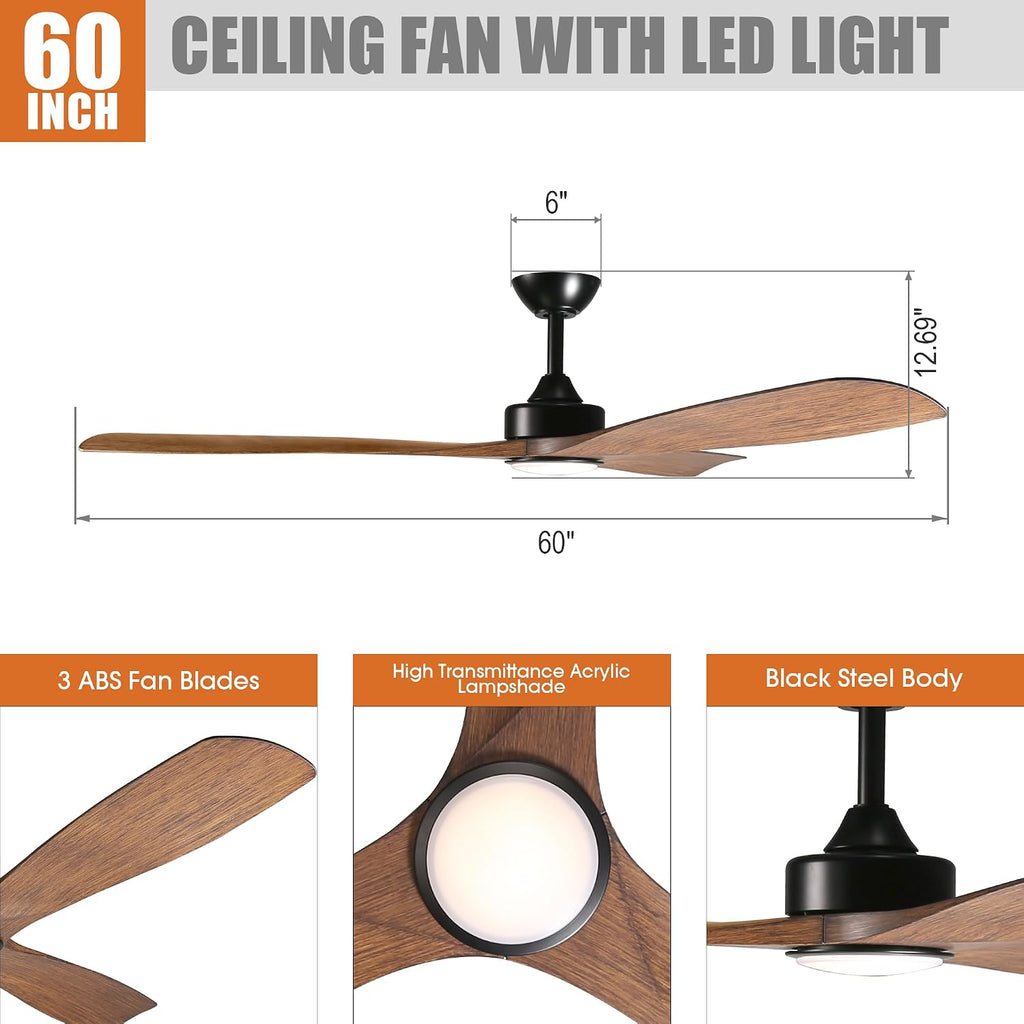 Ceiling Fans with Lights and Remote, 60 Inch Farmhouse Ceiling Fan with Light for Bedroom Living Room Flush Mount Outdoor Fans for Patios, Dimmable LED Chandelier, Reversible 3 Blades, Walnut, ETL