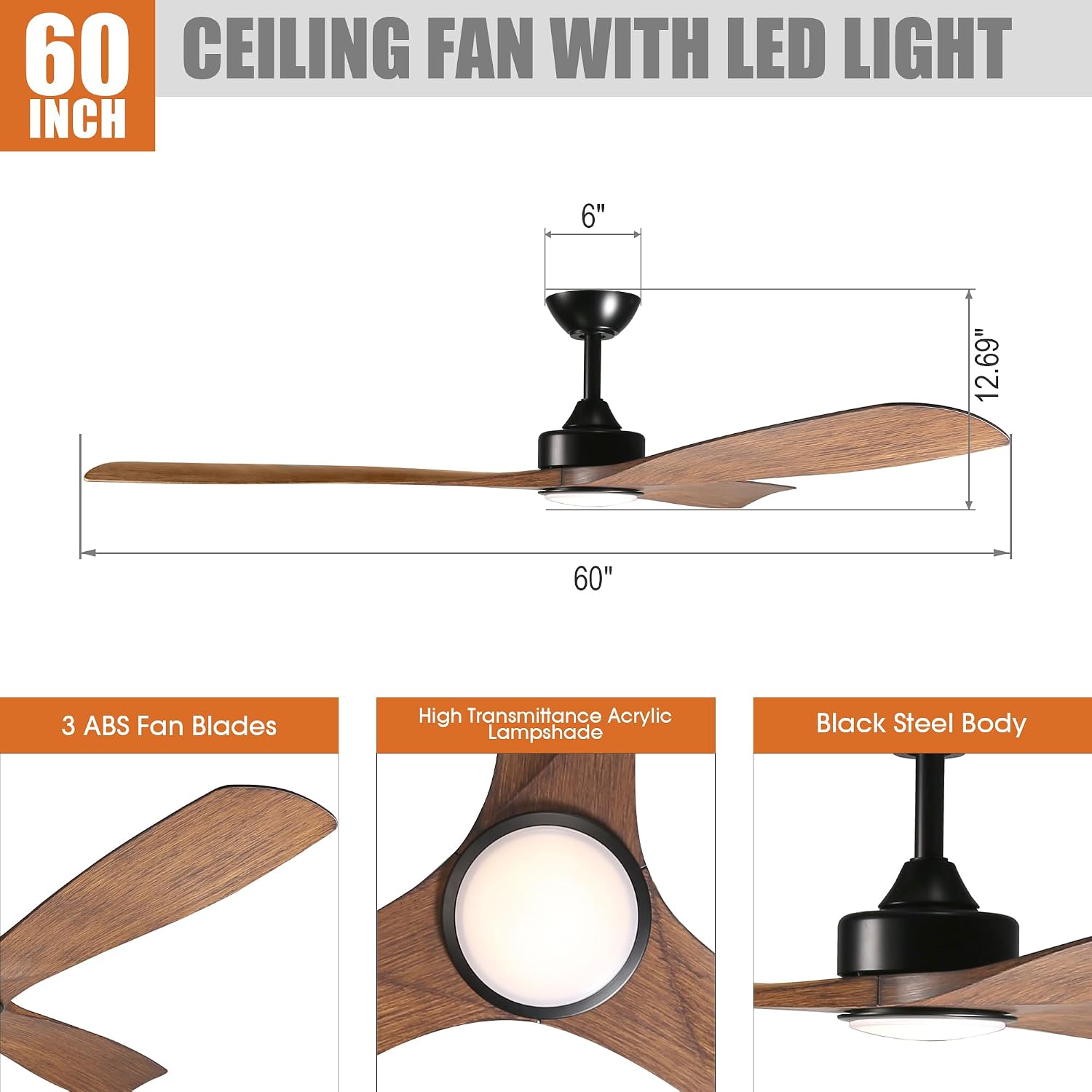 Ceiling Fans with Lights and Remote, 60 Inch Farmhouse Ceiling Fan with Light for Bedroom Living Room Flush Mount Outdoor Fans for Patios, Dimmable LED Chandelier, Reversible 3 Blades, Walnut, ETL