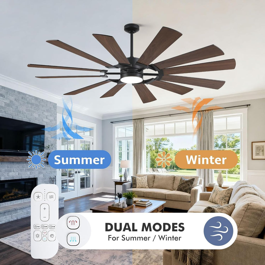 62 Inch Outdoor Ceiling Fans with Lights Remote, Modern Black Industrial Ceiling Fan with Light 6 Speed Quiet Reversible DC Motor for Patio Porch Shop Garage, Indoor/Exterior, 12 Dual-finish Blade
