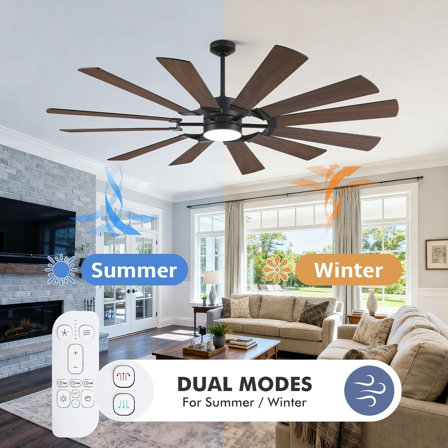 62 Inch Outdoor Ceiling Fans with Lights Remote, Modern Black Industrial Ceiling Fan with Light 6 Speed Quiet Reversible DC Motor for Patio Porch Shop Garage, Indoor/Exterior, 12 Dual-finish Blade