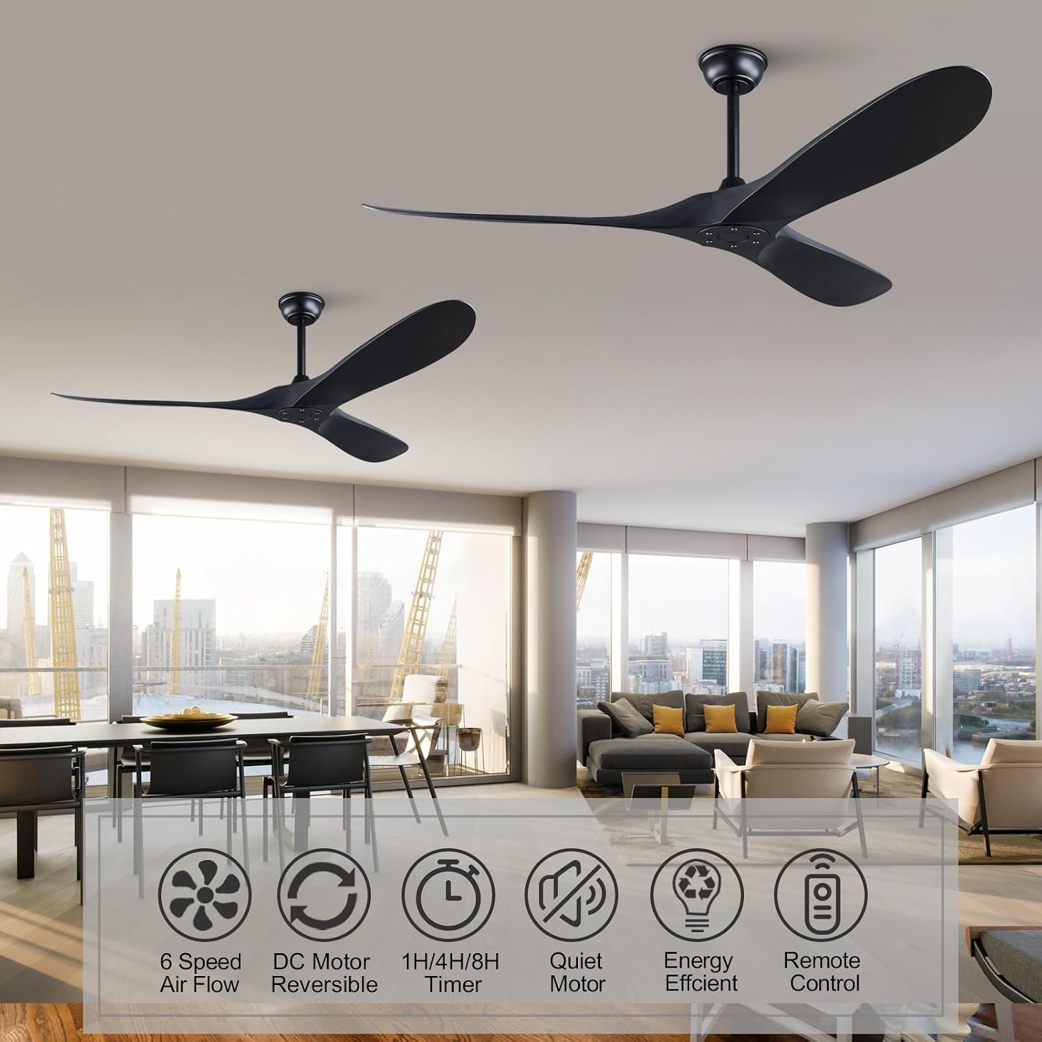 52'' Ceiling Fan without Lights, Black Modern 3 Blades Ceiling Fan with Remote Control, 6 Speed Quiet Reversible DC Motor, Indoor Outdoor Ceiling Fans for Bedroom Dining Room Study Patios.