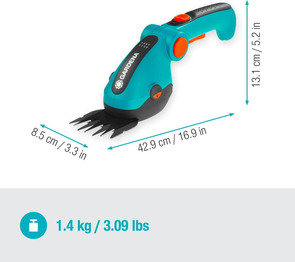 Gardena 9888-56 Battery Grass and Shrub Shears - Cordless, Handheld Shears for Trimming Lawn Edges or Small shrubs and Bushes, 80 Min Run time, Replaceable Quality Non Stick Blades, Turqoise