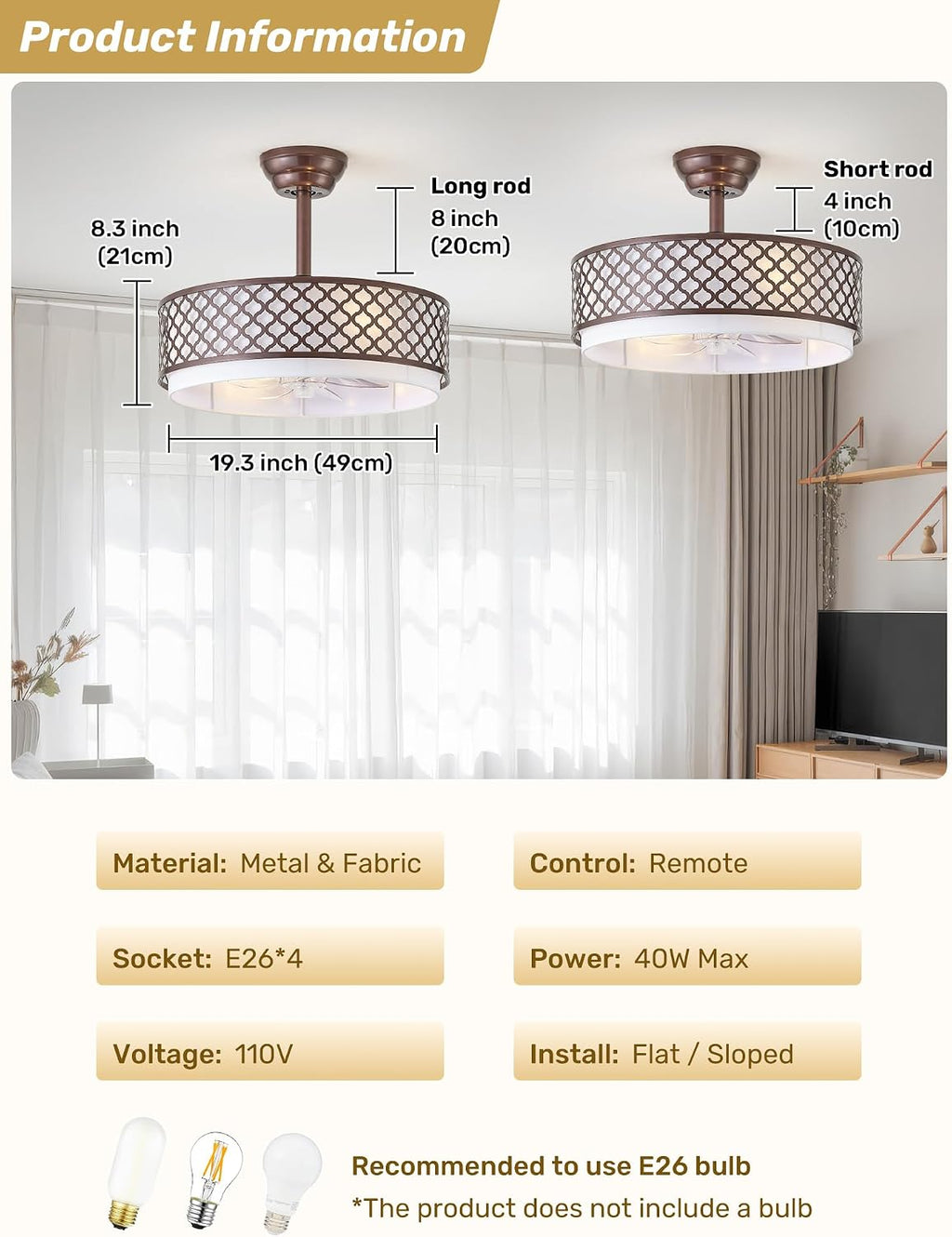 20' Brown Fandelier Ceiling Fan with Lights, Rustic Farmhouse Caged Ceiling Fan with Light Remote Control, Rattan with 6 Speeds for Bedroom, Nursery, Living Room