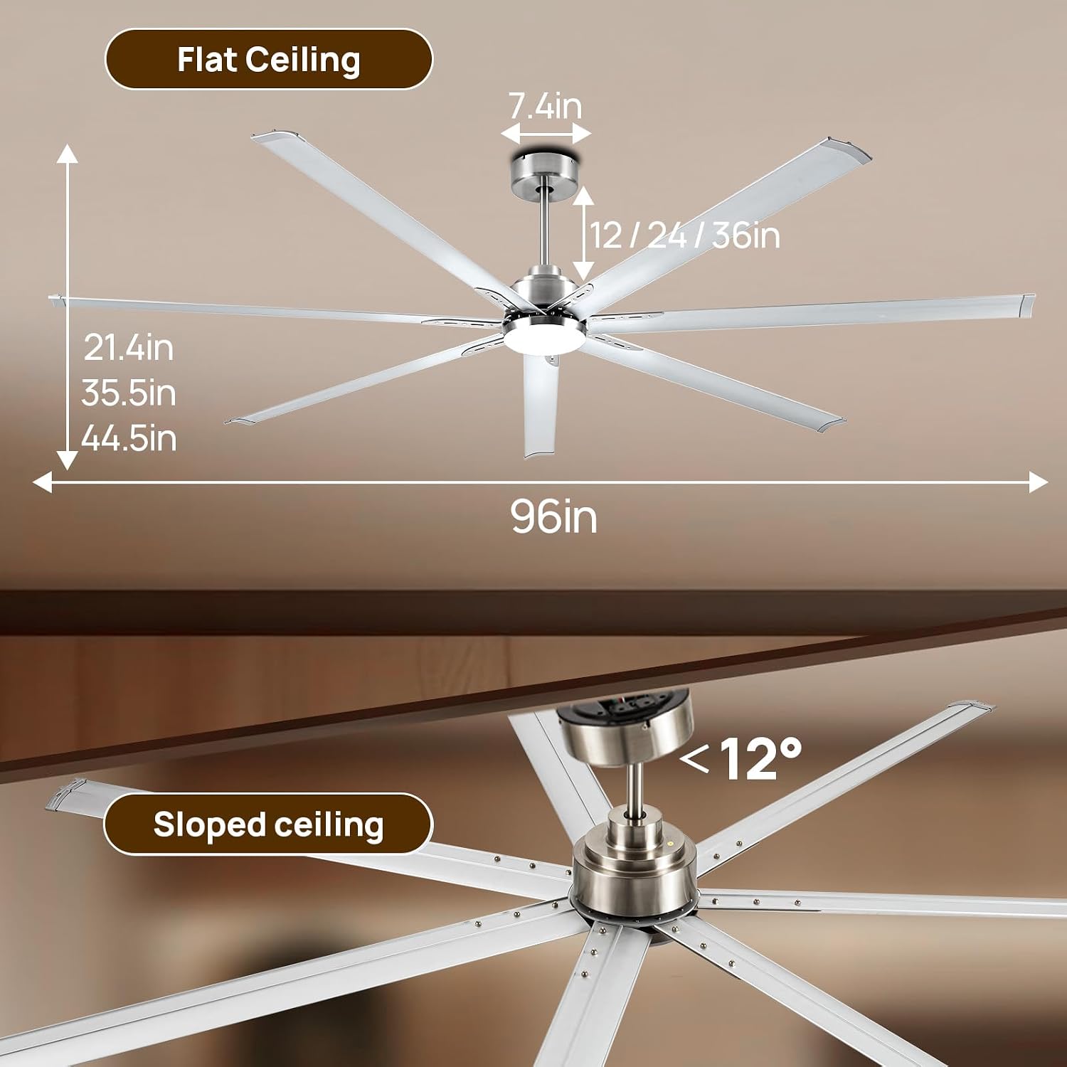 Minislak 96 Inch Industrial Ceiling Fans with Light,Brushed Nickel HVLS Ceiling Fan with 6 Speeds Reversible Motor,High CFM Indoor/Outdoor Ceiling Fan with 7 Aluminum Blades for Barn shop,Commercial