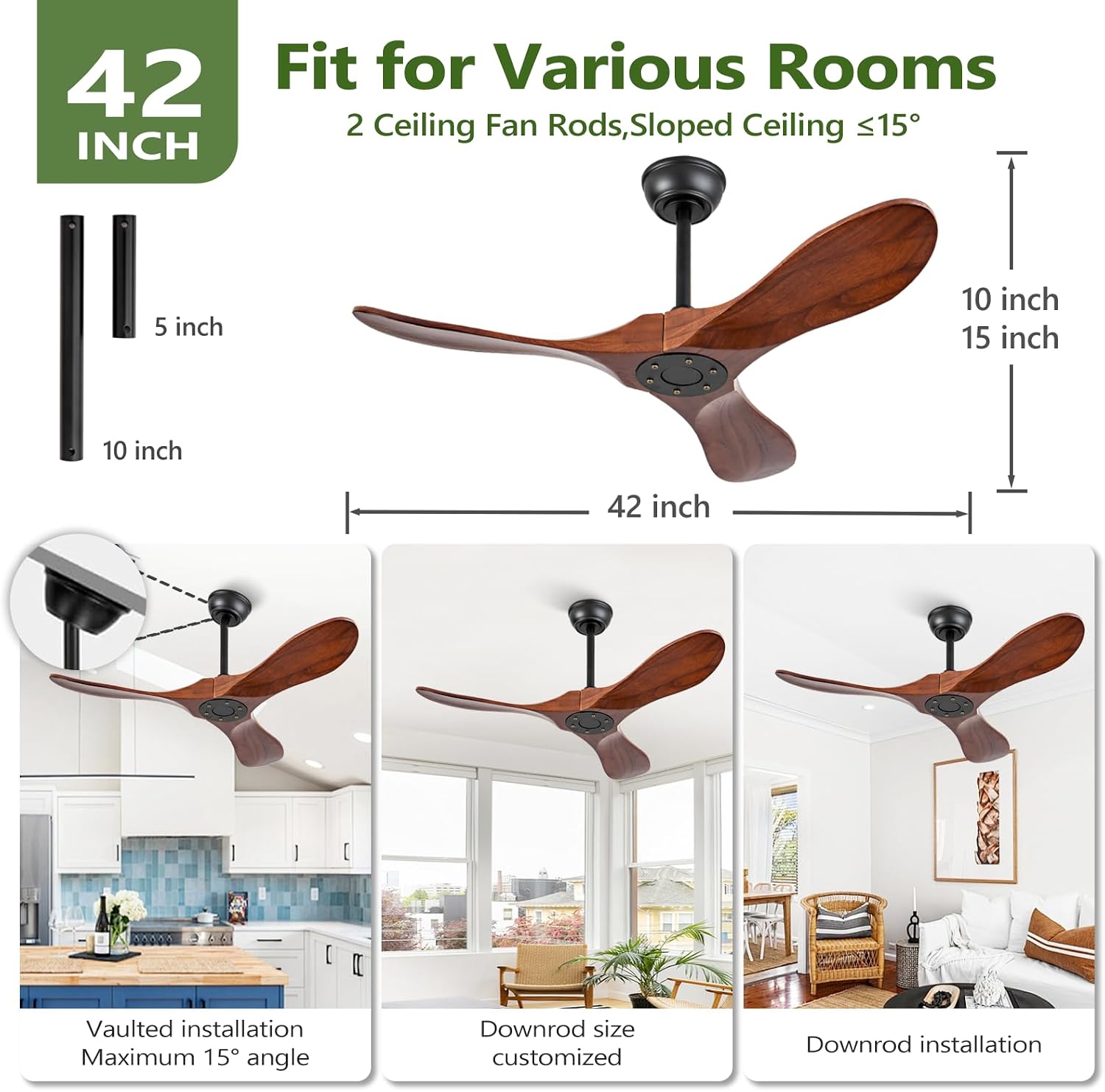 42 Inch Small Wooden Ceiling Fan Without Lights, 3 Blade Propeller, Remote Control, Walnut Finish, Indoor/Outdoor, Living Room, Bedroom, Porch, Farmhouse