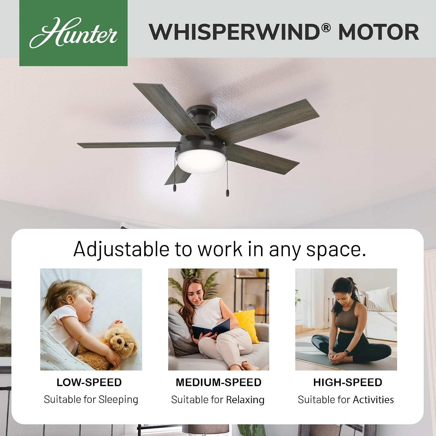 Hunter Fan 52 inch Low Profile Noble Bronze Indoor Ceiling Fan with LED Light Kit and Pull Chain (Renewed)