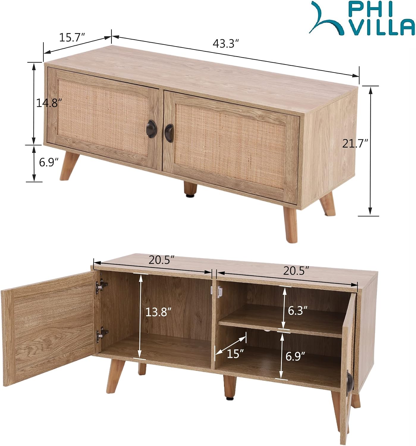 PHI VILLA Rattan Cabinet - TV Stand/Storage Cabinet with Doors, Console Table