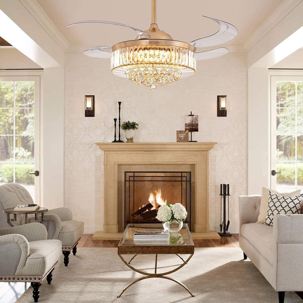 48 Inch Crystal Ceiling Fan with Light and Remote Modern Dimmable Fandelier Invisible Retractable Chandelier Fan Gold for Bedroom Living Room
