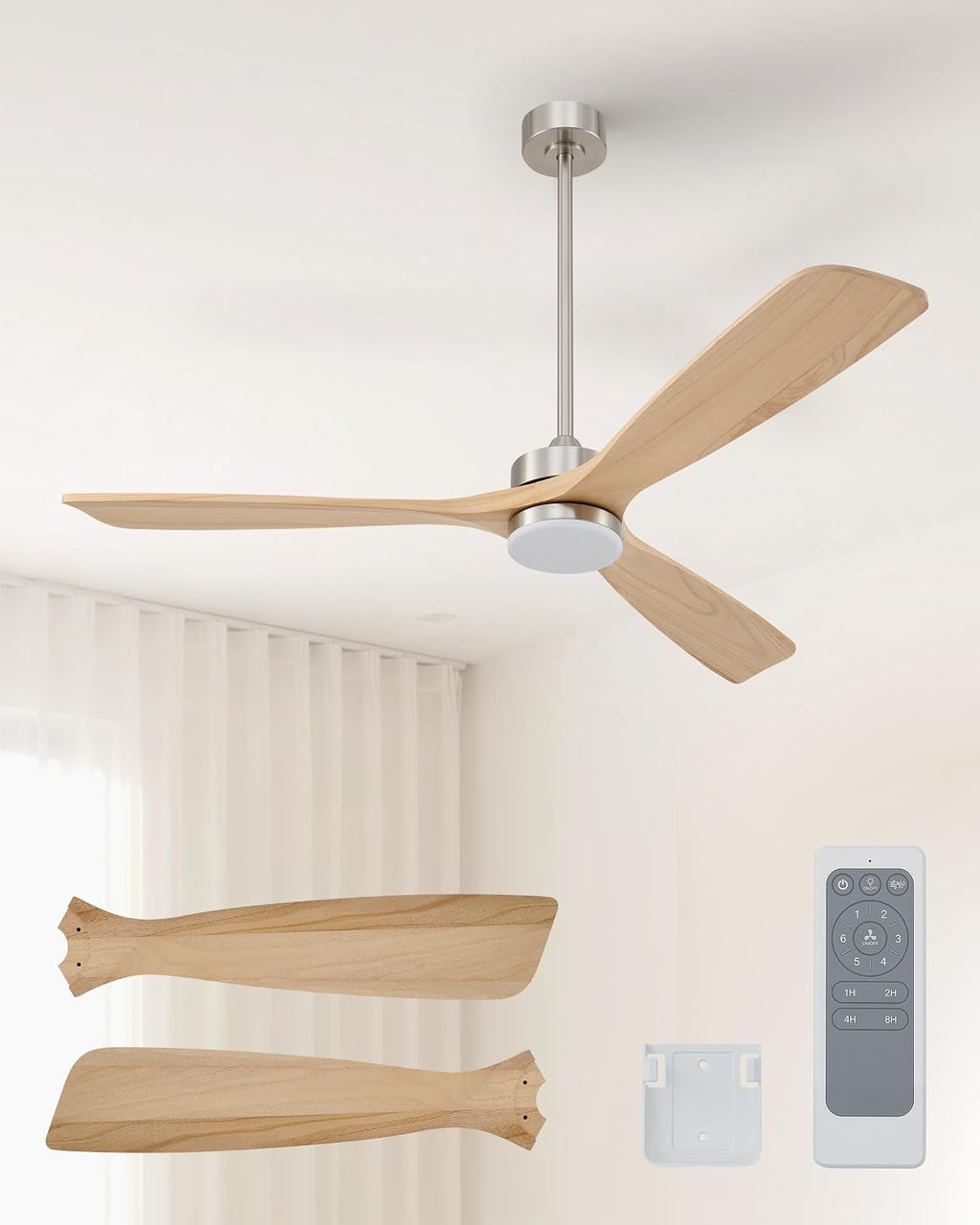 VONLUCE Wood Ceiling Fan with Lights, 60 Inch Ceiling Fan and Remote, 6 Speed Reversible Noiseless DC Motor, 3CCT, Solid Wood Outdoor Ceiling Fan for Patios Farmhouse, Nickel