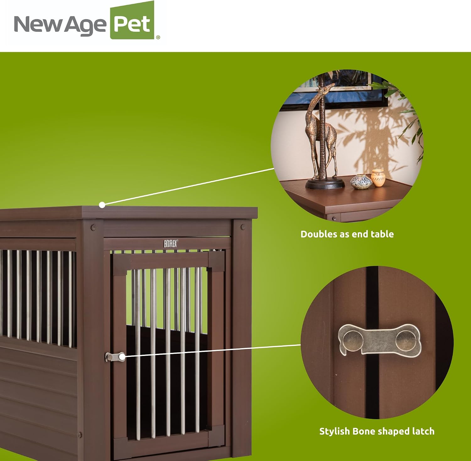 New Age Pet ECOFLEX InnPlace Dog Crate & End Table, Furniture-Style Indoor Kennel for Crate-Trained Dogs, Stainless Steel Spindles, 10-Year Warranty. 4 Colors, 4 Sizes