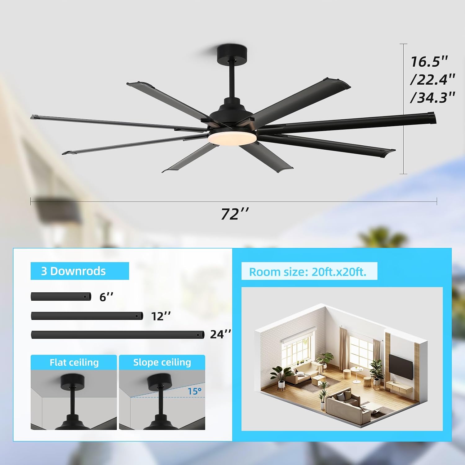 72 inch Ceiling Fans with Lights and Remote Control，Large Ceiling Fan with 8 Aluminum Blades, 3CCT, 6-Speed,Black Commercial Ceiling Fan for Porch/Garage/Shop/Living Room