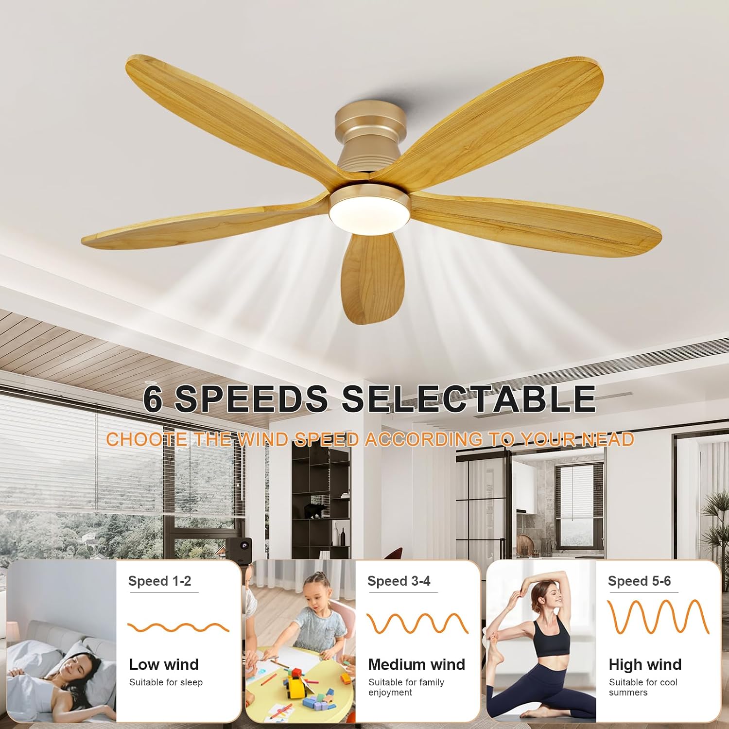 52 Inch Wood Ceiling Fans with Lights and Remote, Low Profile Flush Mount Modern Ceiling Fan with Light, 5 Blades, Dimmable, Wall Switch, Indoor Outdoor Black Ceiling Fan for Bedroom