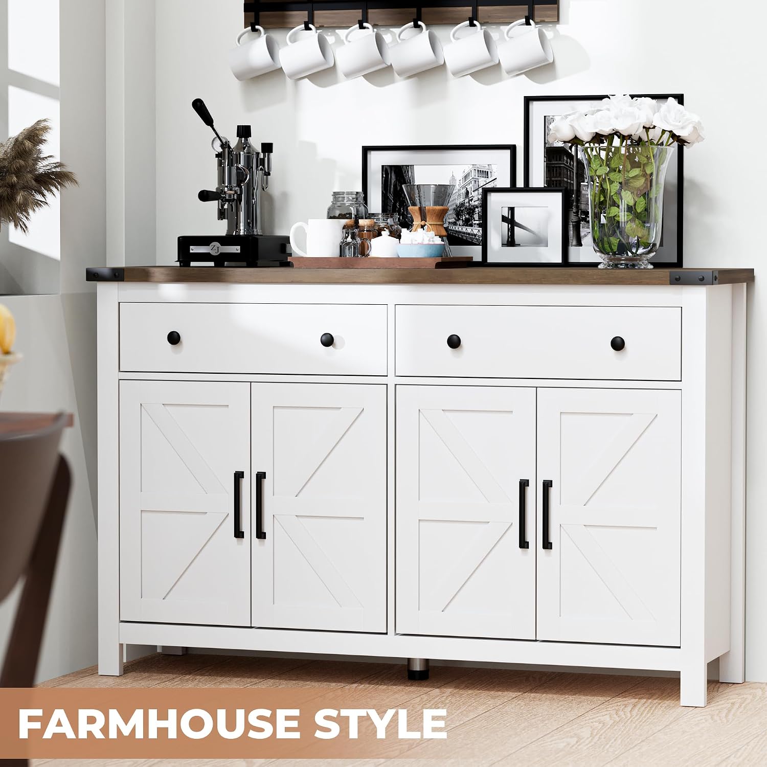VVFLU 55' Modern Farmhouse Buffet Cabinet with Storage, Coffee Bar Cabinet with 2 Drawers and 4 Barn Doors, Sideboard Storage Cabinet for Kitchen, Dining Room, Living Room, White Wood