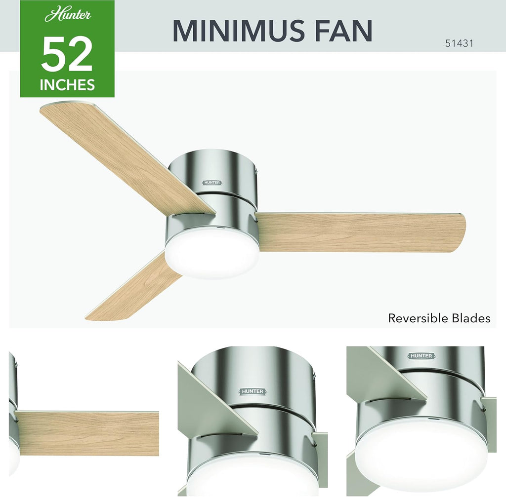 Hunter 52 inch Indoor Ceiling Fan with Light and Remote Control - For Bedroom or Living Room, Low Profile Flush Mount, Modern Ceiling Fan with LED Light, Quiet, 3 Blades- Minimus 51431, Brushed Nickel