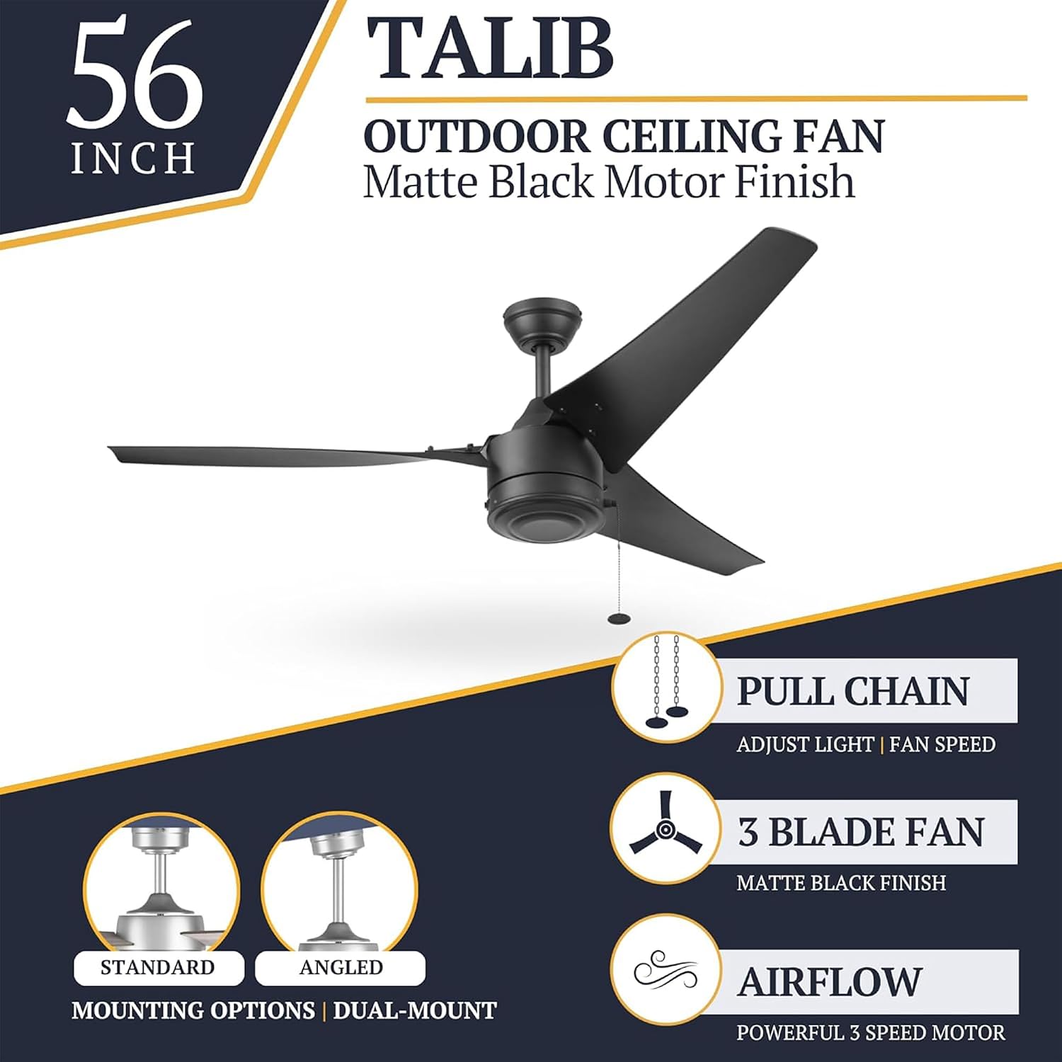 Prominence Home Talib 56 Inch Flush Mount Ceiling Fan, No Light, Indoor Low Profile Hugger Fan, 3 Dual-Finish Blades, Pull Chain Control, Matte Black