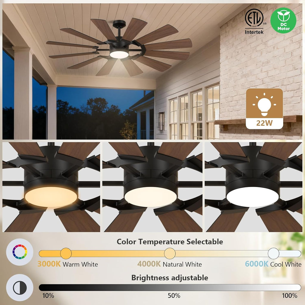 72'' Farmhouse Ceiling Fan with Light,12 Dual-Finish Wind Mill Blades, 3 Downrods, 6-Speed Reversible DC Motor, High CFM, 3CCT, Indoor Outdoor Industrial Fan for Patio Commercial Shop Garage