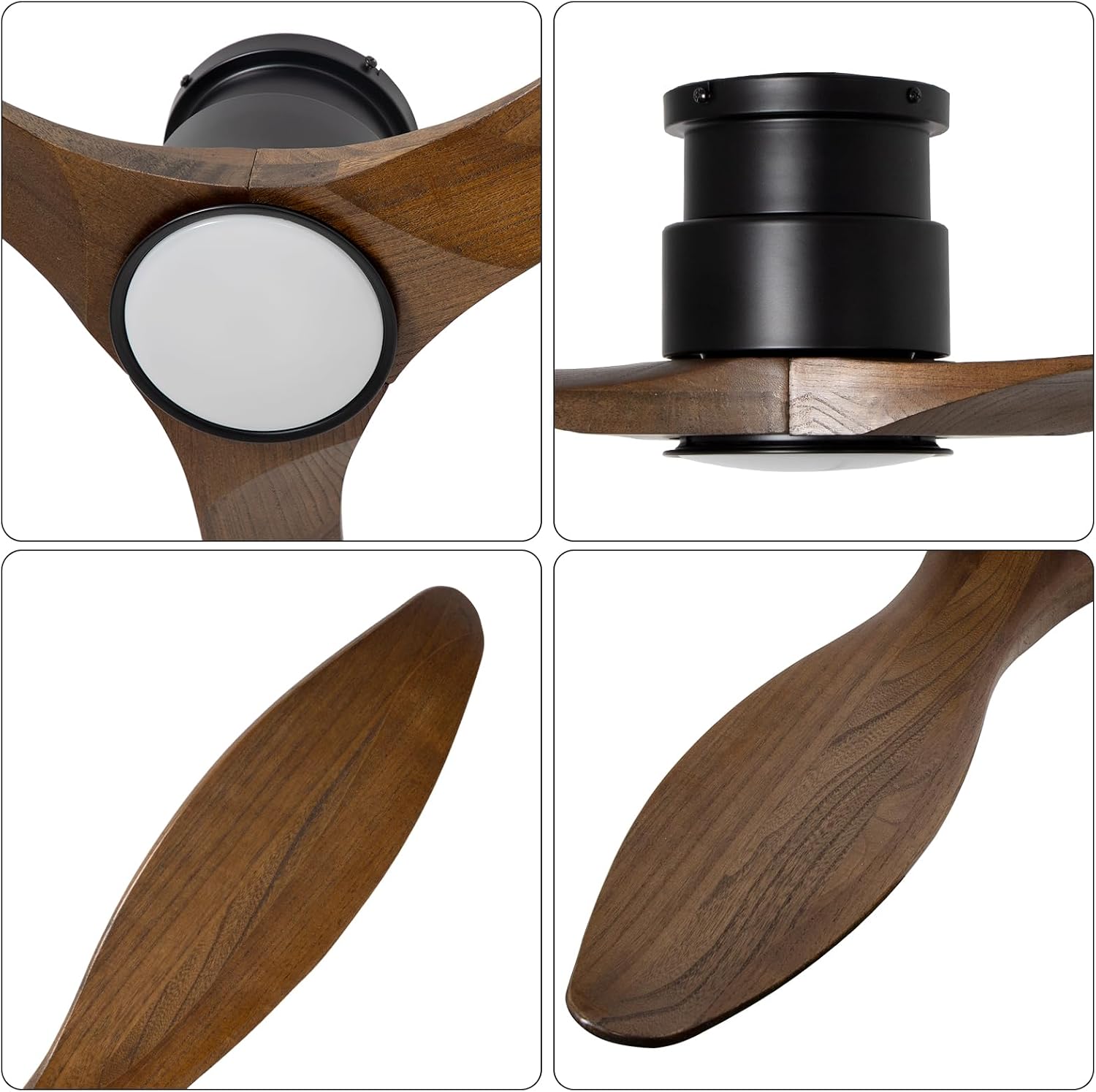 52'' Ceiling Fan with Lights and Remote, 3 Blade Amber Wood Low Profile Flush Mount Ceiling Fan Indoor, Reversible 6 Speeds Dimmable LED Light Fan for Bedroom Living Room Farmhouse