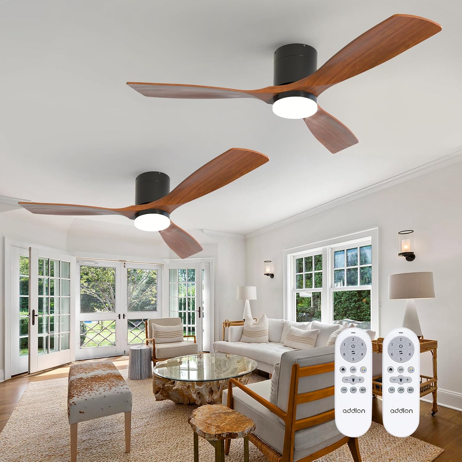 addlon 2 Pack 52 inch Ceiling Fans with Lights, Black Low Profile Ceiling Fan with Light and Remote Control, Flush Mount, Reversible, 3 Wood Blades, 3CCT Dimmable, Ceiling Fan for Indoor/Outdoor Use