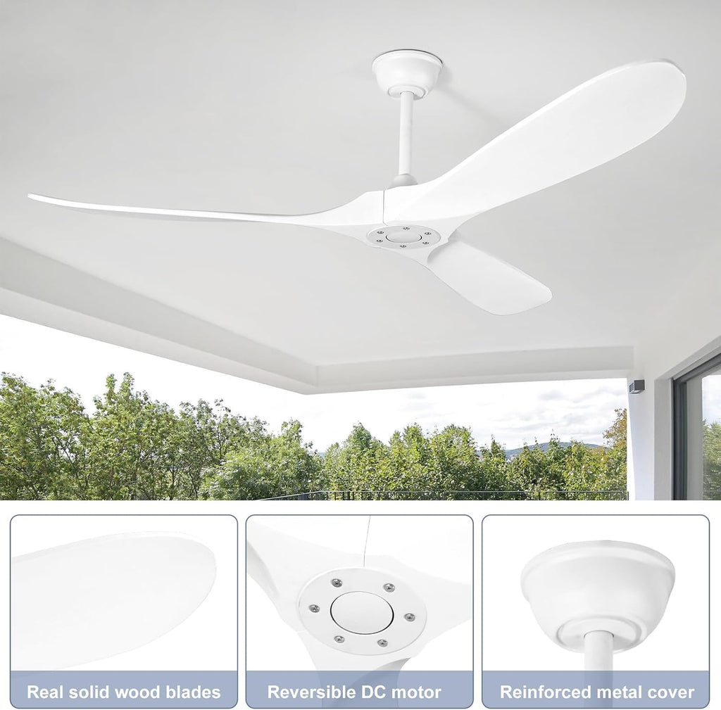 Solid Wood Ceiling Fans no Light, Ceiling Fan with Remote Control,DC Motor with Large Airflow,Indoor and Outdoor Ceiling Fan for Living Room,Bedroom,Patios（White,52 Inch）