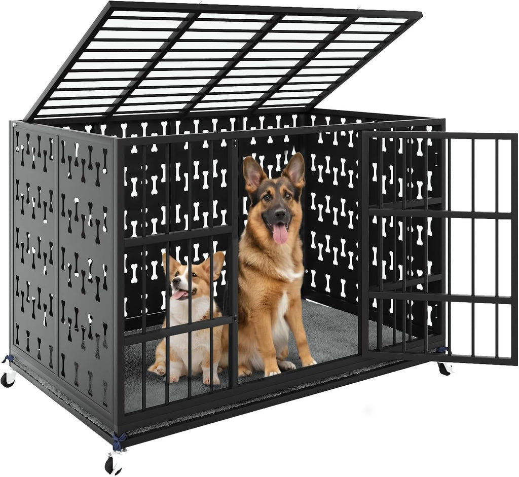 LEMBERI 48' Heavy Duty Indestructible Privacy Enclosed Dog Crate with Mat, 500lbs Capacity Escape Proof Dog Kennel, 36' Tall High Anxiety XL Metal Dog Cage with Lockable Wheels, Removable Tray, Black