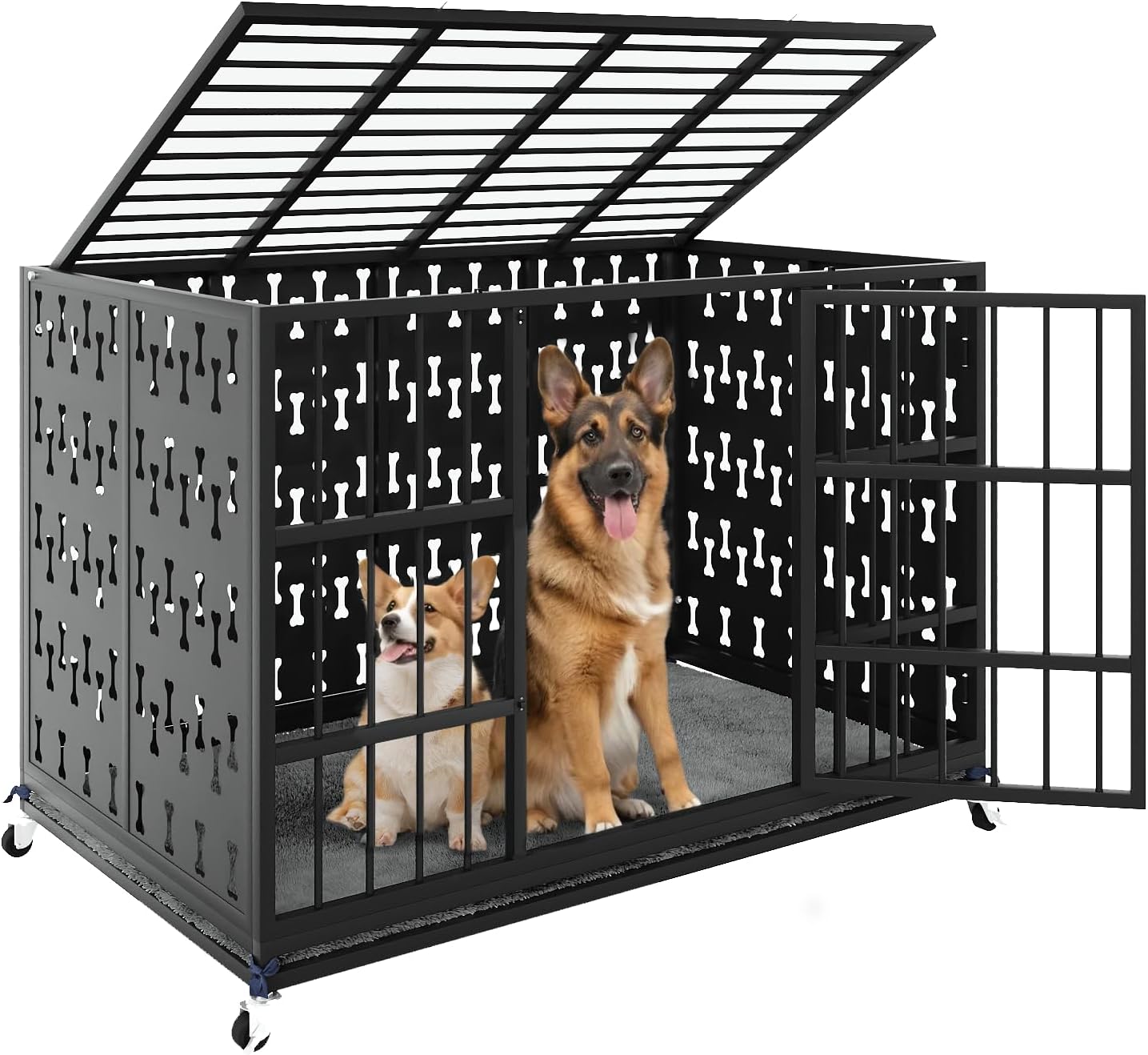 LEMBERI 48' Heavy Duty Indestructible Privacy Enclosed Dog Crate with Mat, 500lbs Capacity Escape Proof Dog Kennel, 36' Tall High Anxiety XL Metal Dog Cage with Lockable Wheels, Removable Tray, Black