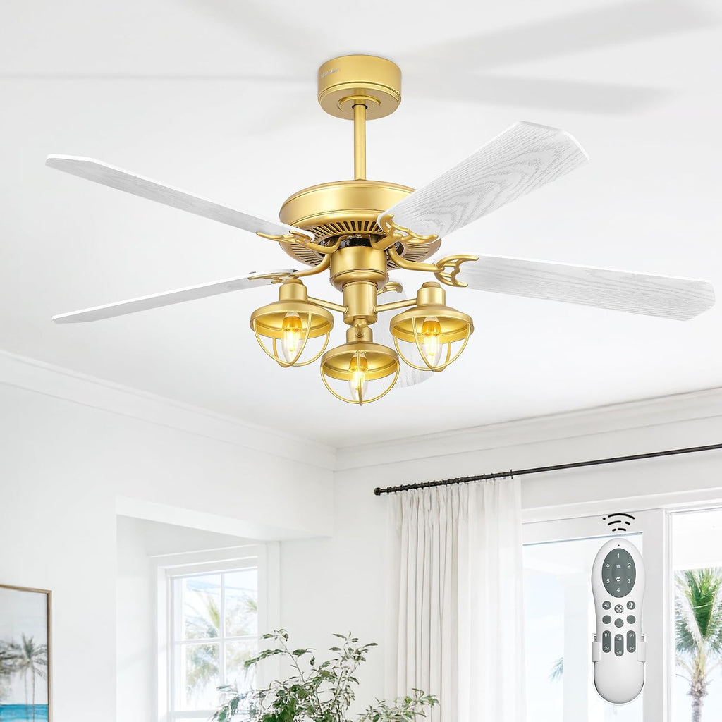YOUKAIN Farmhouse Wooden Ceiling Fans, 52 Inch Industrial Ceiling Fan with 3 Lights and Remote Control, 5-Reversible Blades Indoor/Outdoor, Gold/Wood Finish, 52-YJ631-GD