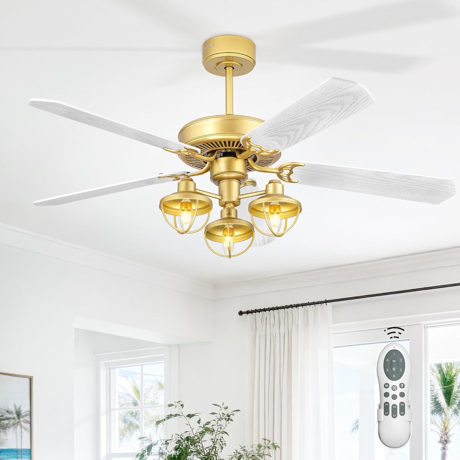 YOUKAIN Farmhouse Wooden Ceiling Fans, 52 Inch Industrial Ceiling Fan with 3 Lights and Remote Control, 5-Reversible Blades Indoor/Outdoor, Gold/Wood Finish, 52-YJ631-GD