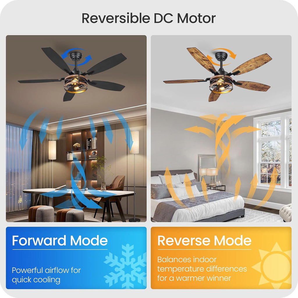 50 Inch Farmhouse Ceiling Fan with Lights and Remote, Timer, Dual Finish 5 Blades (Rustic Brown and Black), 6 Speeds, Reversible DC Motor, Rustic & Industrial Caged Ceiling Fan for Bedroom B04CF05