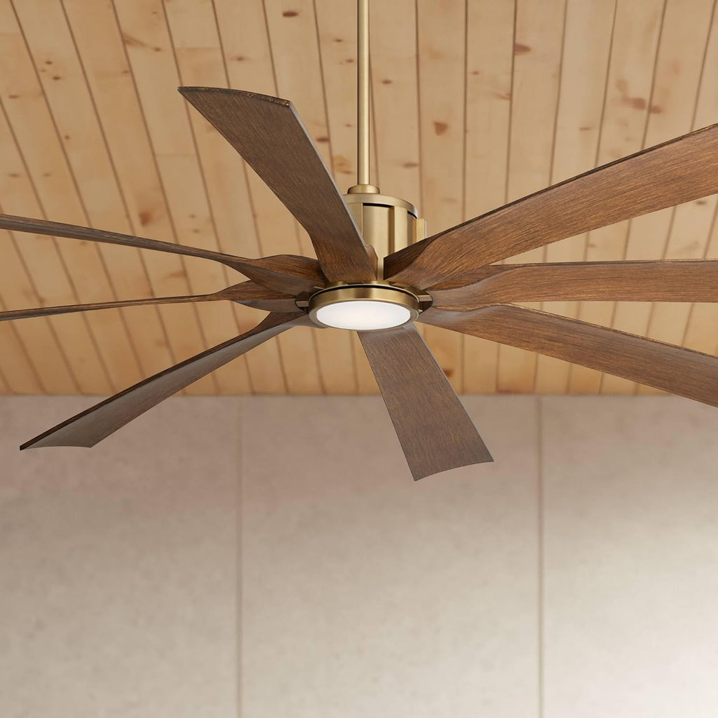 Possini Euro Design 70' Defender Large Modern Indoor Outdoor Ceiling Fan 8 Blade LED Light Remote Control Soft Brass Finish Motor Brown Koa Finish Blades Bedroom Patio Living Room Damp Rated