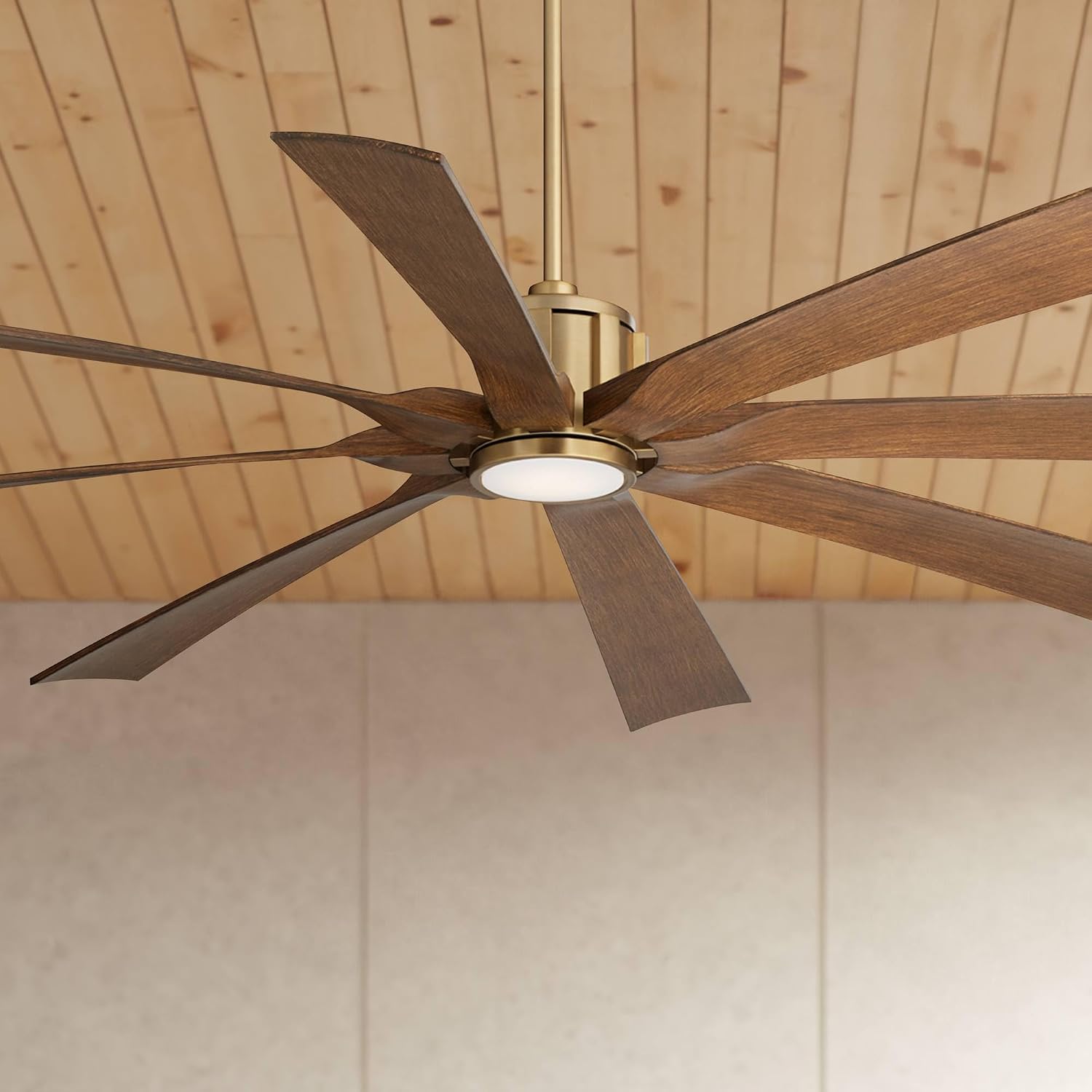 Possini Euro Design 70' Defender Large Modern Indoor Outdoor Ceiling Fan 8 Blade LED Light Remote Control Soft Brass Finish Motor Brown Koa Finish Blades Bedroom Patio Living Room Damp Rated