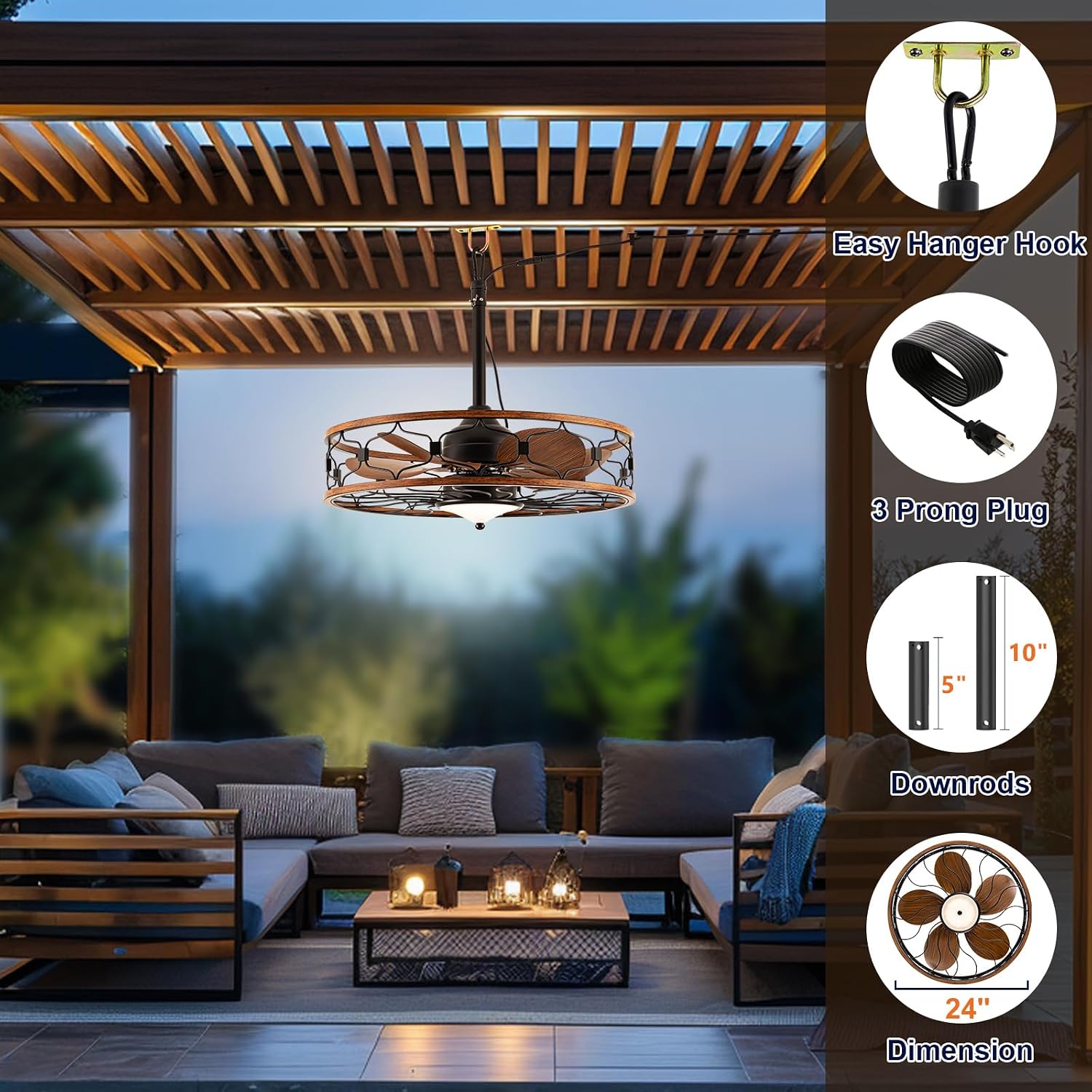 Outdoor Ceiling Fans For Patios Waterproof, Plug In Gazebo Fan Outdoor Hanging With Hook, 3 Color Light Remote Control, Strong 6 Speed, 24 inch Small Fan for Outside Porch, Pergola, Garage