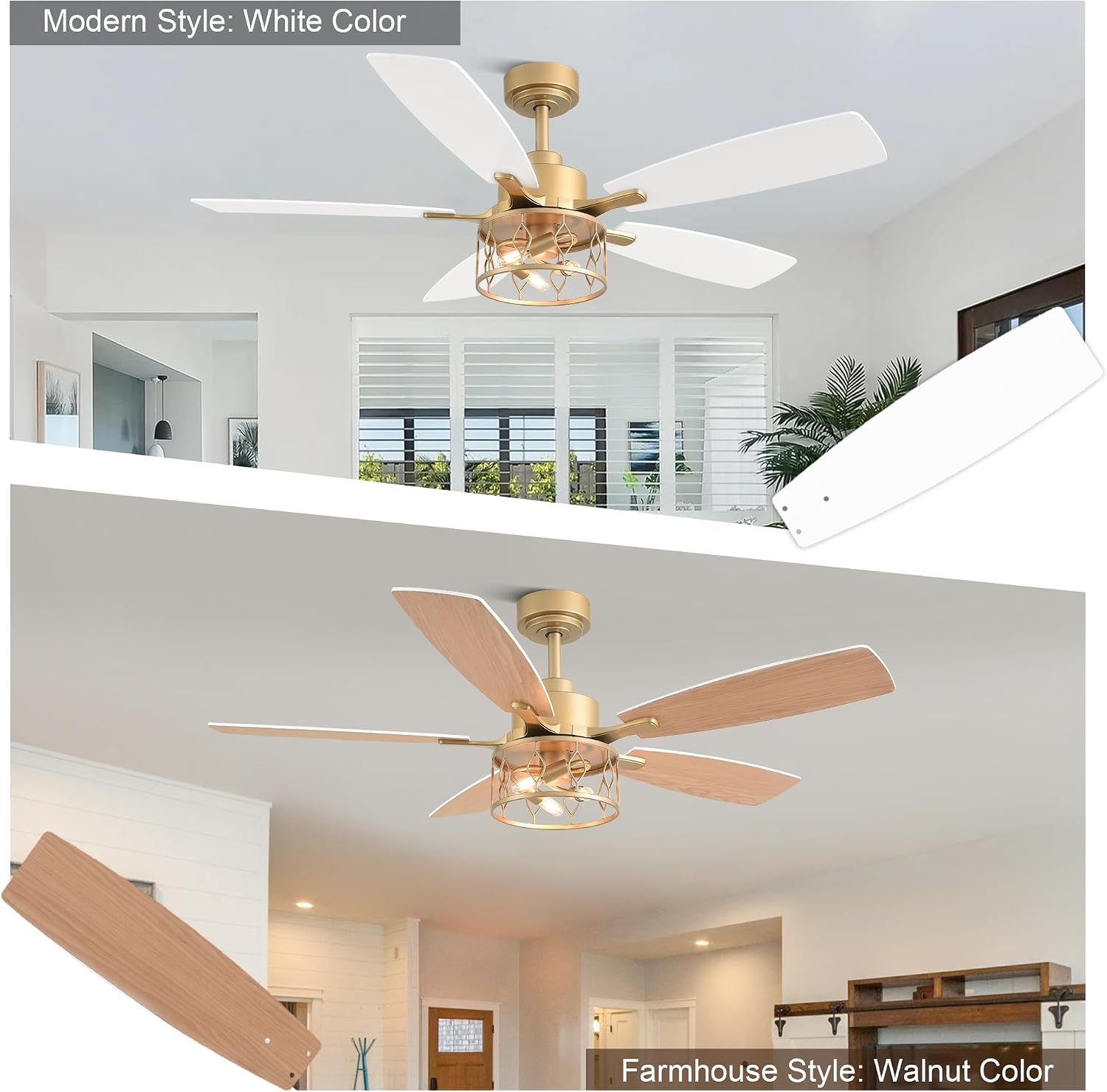 52 Inch White and Gold Ceiling Fan with Lights Modern Fandelier Ceiling Fan Industrial Caged Fandelier Farmhouse Rustic Chandelier Light for Living Room Indoor Outdoor, Reversible 6 Speeds