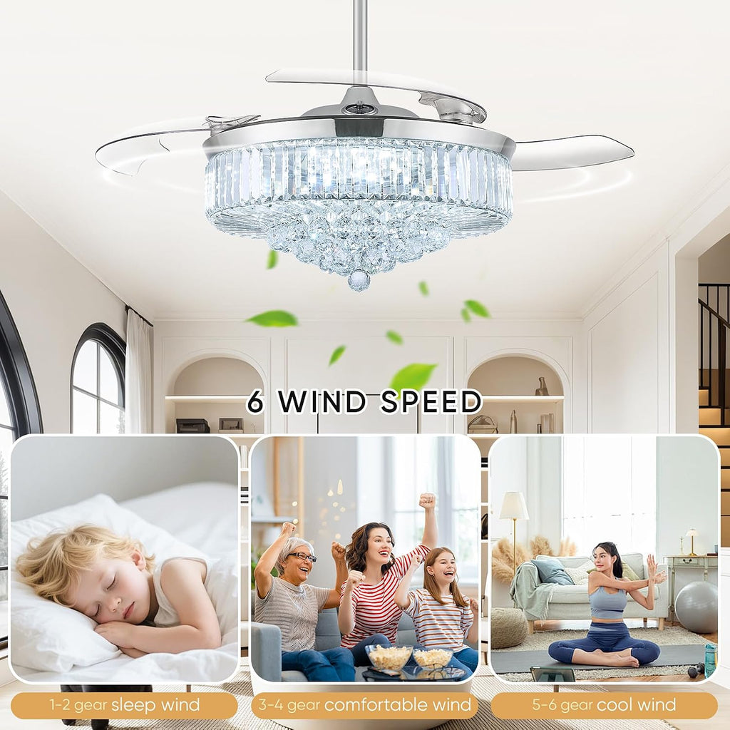 52 Inch Fandelier Ceiling Fan with Light, Retractable Chandelier Fan LED Dimmable Crystal Ceiling Fan for Bedroom Living Room Dining Room-Chrome