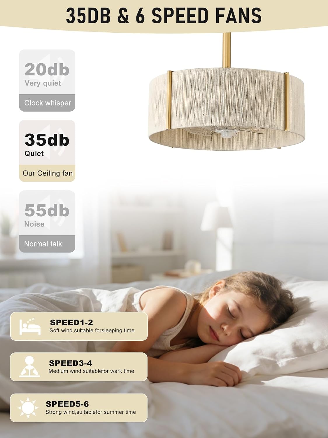 Boho Fandelier Ceiling Fan with Light, Rattan Caged Ceiling Fan with Light and Remote Control, Gold Chandelier Fan for Bedroom, Living Room,Kitchen,Foyer(20 Inch, 6 Speed, Timing,Adjustable Height)