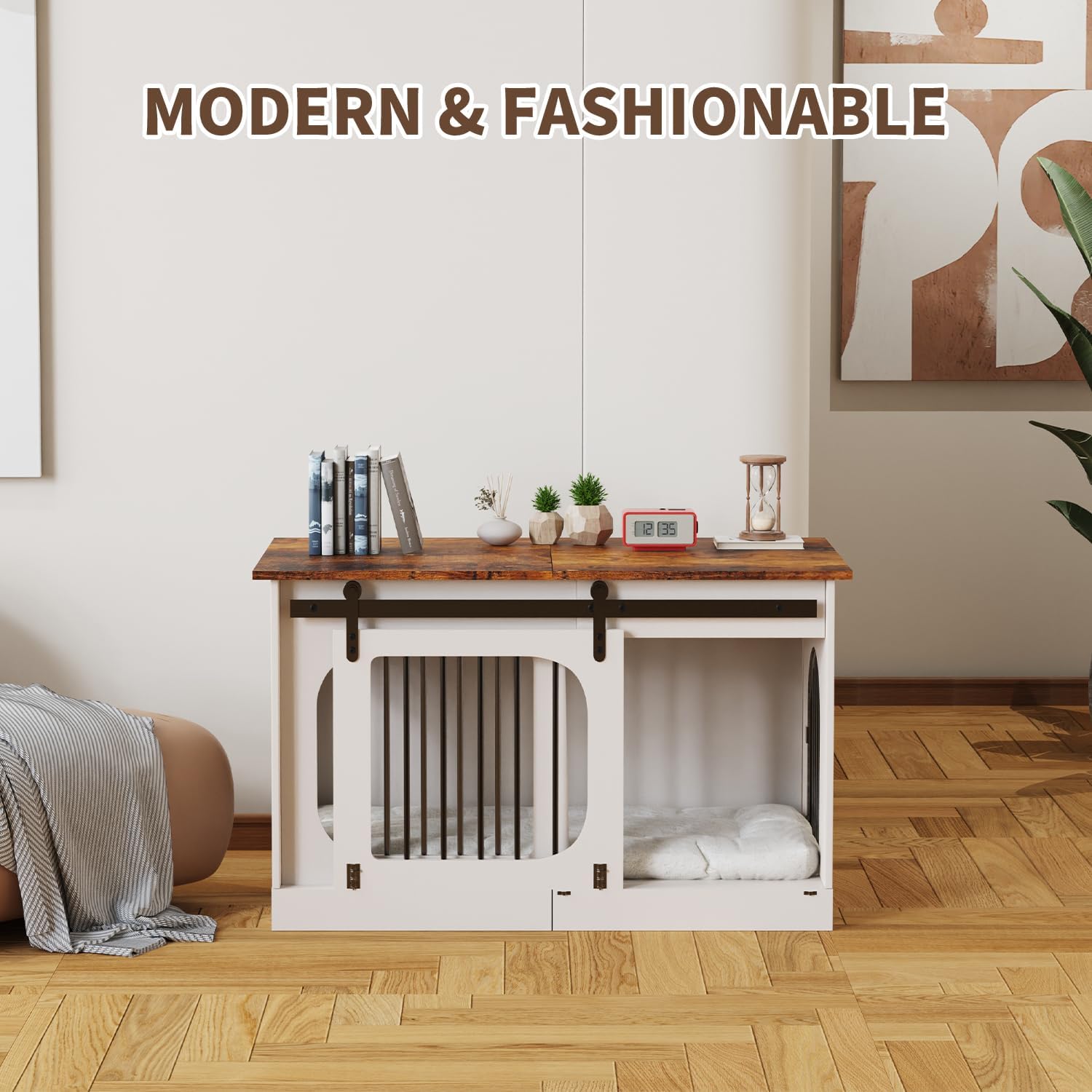 XXL Dog Crate Furniture, 47.2 Inches White Kennel Furniture with Cushion Decorative Farmhouse Crate Indoor Thick Wooden Pet House End Table Modern Cage Furniture for Medium/Large Dog