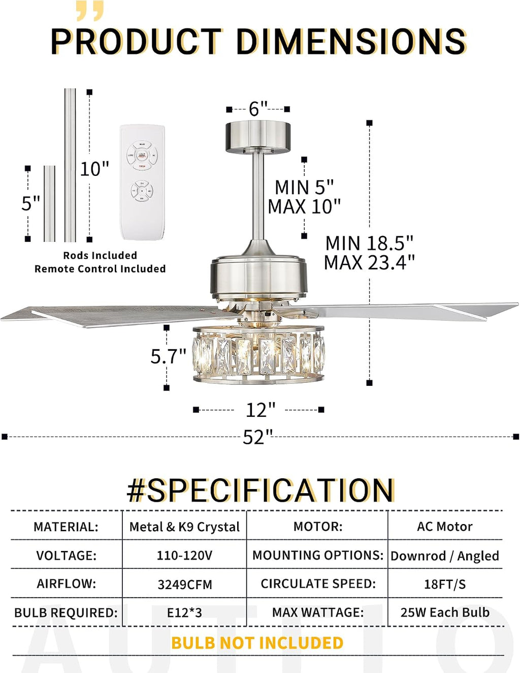 AUTELO Ceiling Fans with Lights - 52 Inch Ceiling Fans with Lights and Remote Control, Modern Crystal Ceiling Fan with 5 Reversible Blades in Nickel and Wooden Grey Finish for Living Room, F9327 ST
