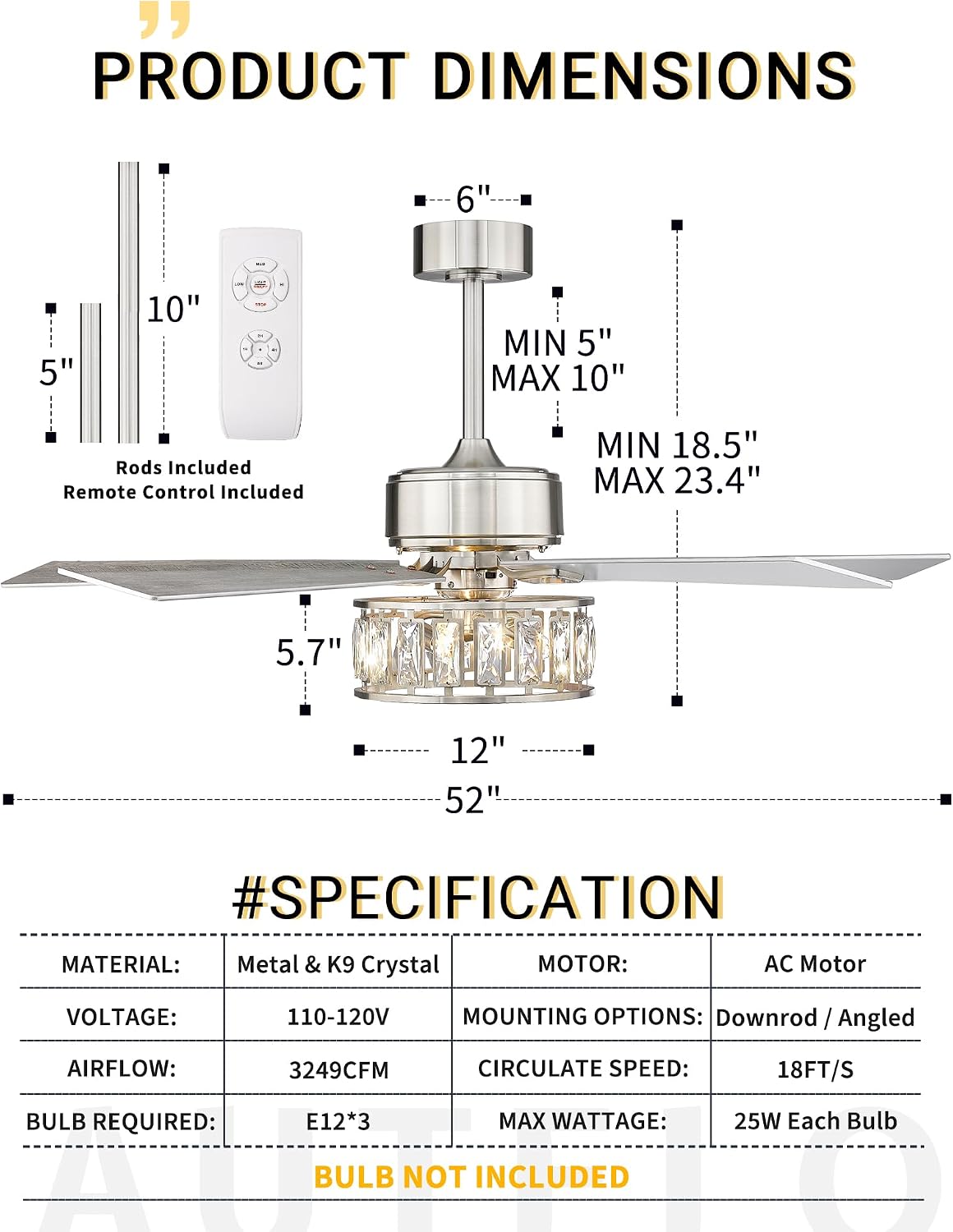 AUTELO Ceiling Fans with Lights - 52 Inch Ceiling Fans with Lights and Remote Control, Modern Crystal Ceiling Fan with 5 Reversible Blades in Nickel and Wooden Grey Finish for Living Room, F9327 ST