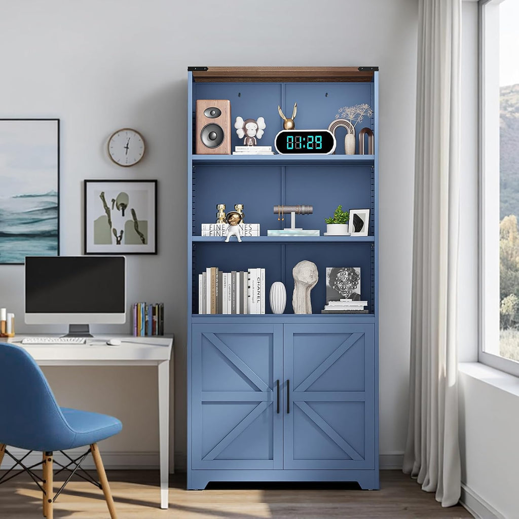VINGLI Blue Bookcase with Doors and Adjustable Shelves, Steel 70' Tall Bookshelf Display Cabinet, 6-Tier Tall Farmhouse Metal Storage Cabinet for Study, Living Room, Home Office, Kitchen Pantry