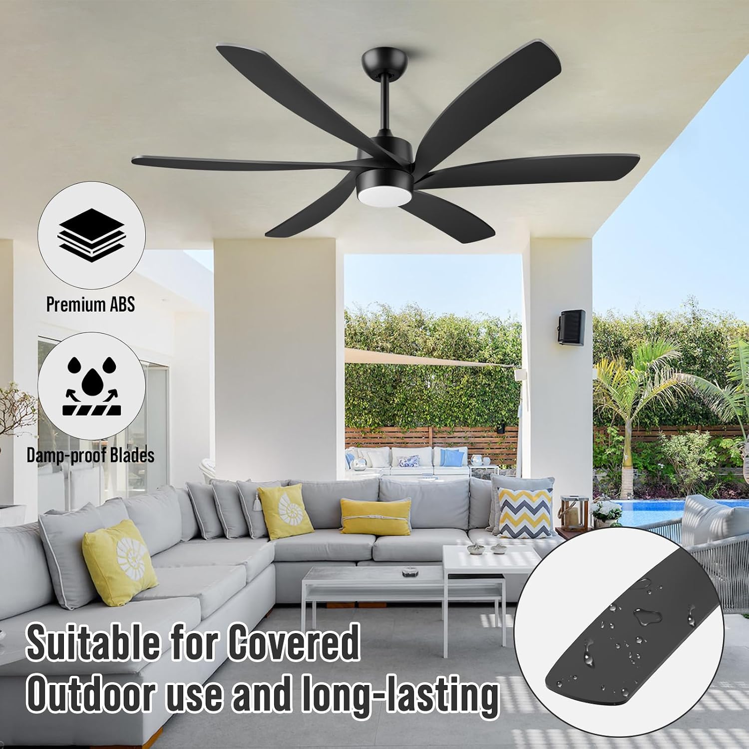 64 Inch Outdoor Ceiling Fan with Lights, All Weather Wet Rated, Modern Black Ceiling Fan, High CFM Quiet Energy Efficient DC Motor, for Large Indoor Living Room & Covered Patio Gazebo Porch